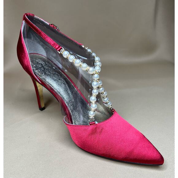 Adrianna Papell Aurora Red Satin Pearl Heels 8.5 M New - Picture 5 of 8